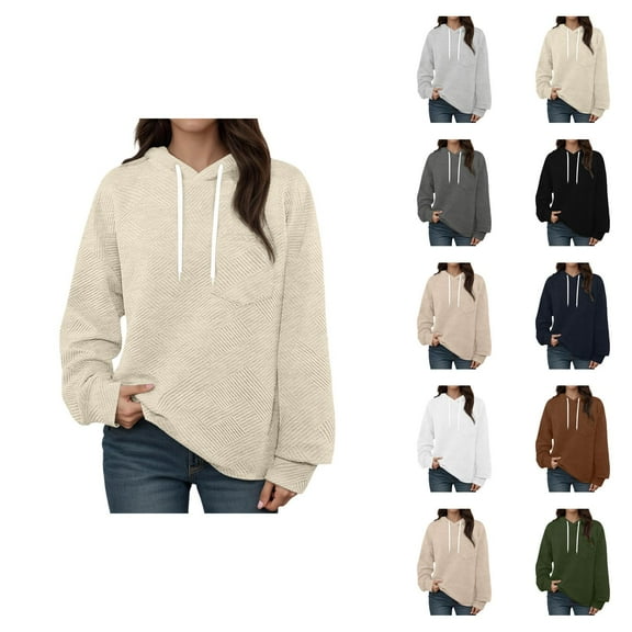 Plain Hoodies for Women 2025 Long Sleeve Jacquard Knit Casual Loose Hoodie Hooded Sweatshirt Pullover Tops