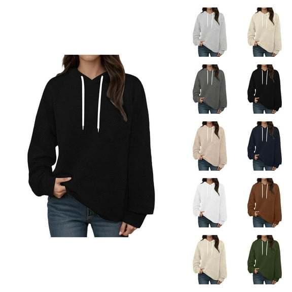 Plain Hoodies for Women 2025 Long Sleeve Jacquard Knit Casual Loose Hoodie Hooded Sweatshirt Pullover Tops