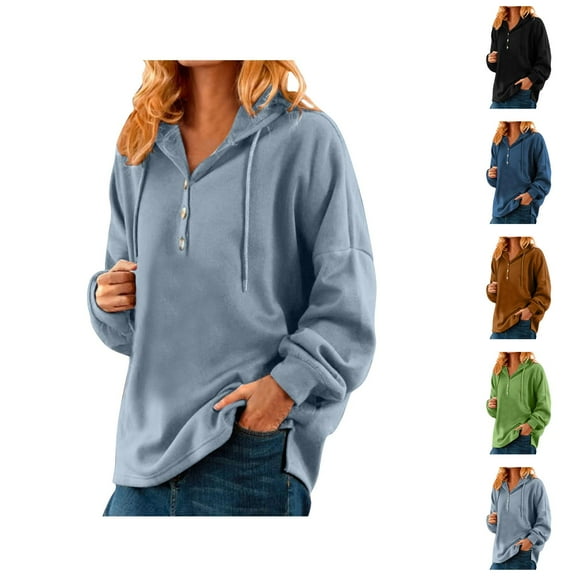 Plain Hoodies for Women Fall Winter Long Sleeve Casual Button Side Slit Hooded Sweatshirt Pullover Tops