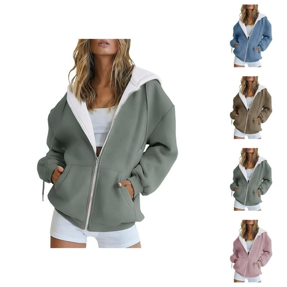 Plain Hoodies for Women Long Sleeve Full Zipper Zip Up Essentials Hoodie with Pockets Hooded Sweatshirt Women Jacket