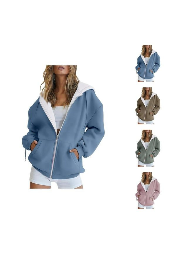 Plain Hoodies for Women Long Sleeve Full Zipper Zip Up Essentials Hoodie with Pockets Hooded Sweatshirt Women Jacket