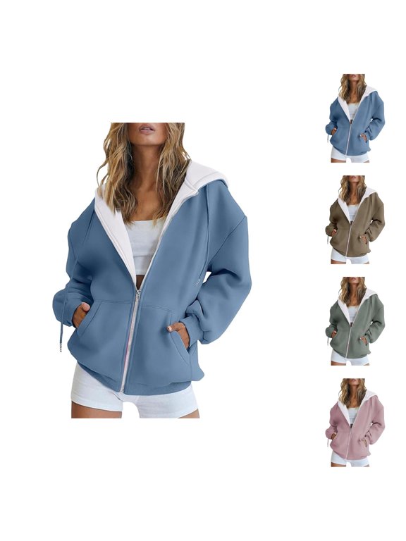Plain Hoodies for Women Long Sleeve Full Zipper Zip Up Essentials Hoodie with Pockets Hooded Sweatshirt Women Jacket