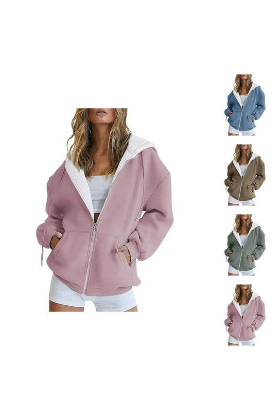 Plain Hoodies for Women Long Sleeve Full Zipper Zip Up Essentials Hoodie with Pockets Hooded Sweatshirt Women Jacket