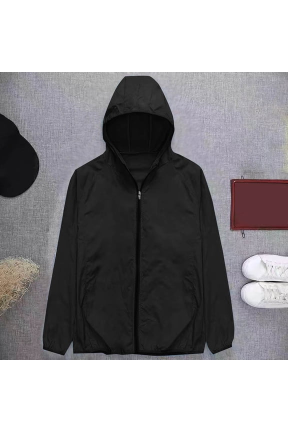 Plain Jacket for Men Zip Up Lightweight Black Jacket Hood Long Sleeve Pocket Casual Mens Fashion
