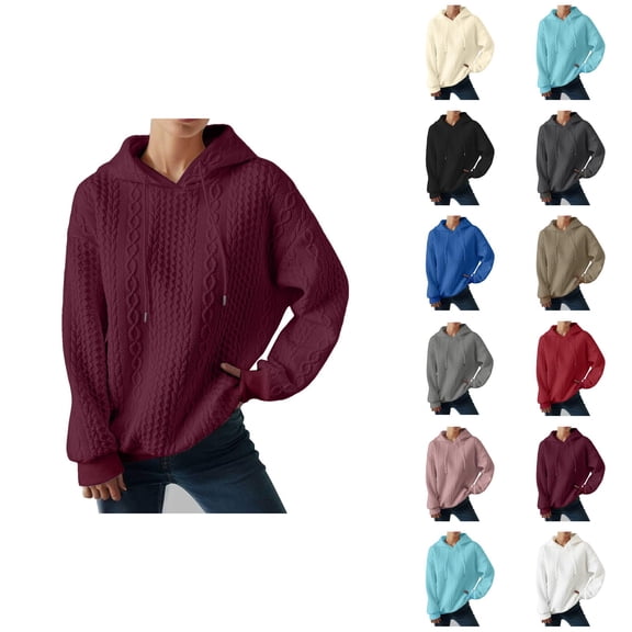 Plain Jacquard Knit Hoodies for Women Fall Winter Long Sleeve Casual Hooded Sweatshirt Pullover Tops