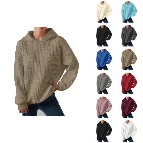 Plain Jacquard Knit Hoodies for Women Fall Winter Long Sleeve Casual Hooded Sweatshirt Pullover Tops