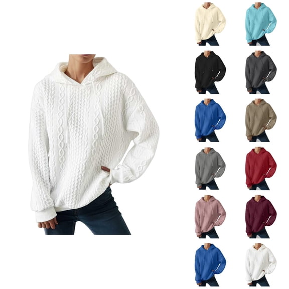 Plain Jacquard Knit Hoodies for Women Fall Winter Long Sleeve Casual Hooded Sweatshirt Pullover Tops
