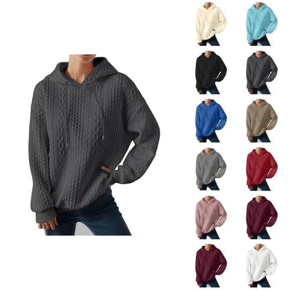 Plain Jacquard Knit Hoodies for Women Fall Winter Long Sleeve Casual Hooded Sweatshirt Pullover Tops