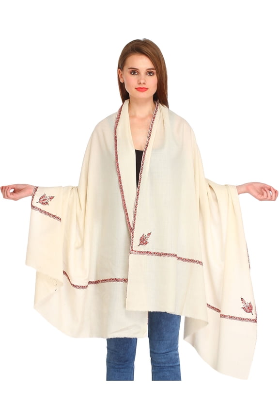 Plain Kashmiri Kingri Shawl with Sozni Hand-Embroidery on Border – ivory