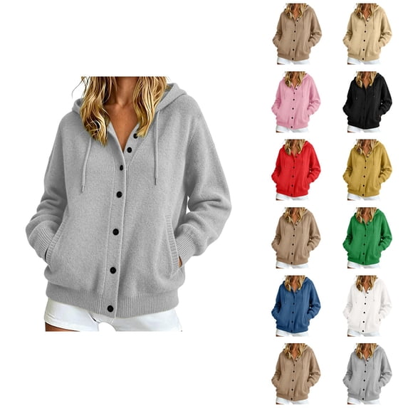 Plain Knitted Hoodies for Women Fall Winter Long Sleeve Loose Casual Button Down Hooded Cardigan Sweatshirt with Pockets