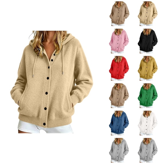Plain Knitted Hoodies for Women Fall Winter Long Sleeve Loose Casual Button Down Hooded Cardigan Sweatshirt with Pockets