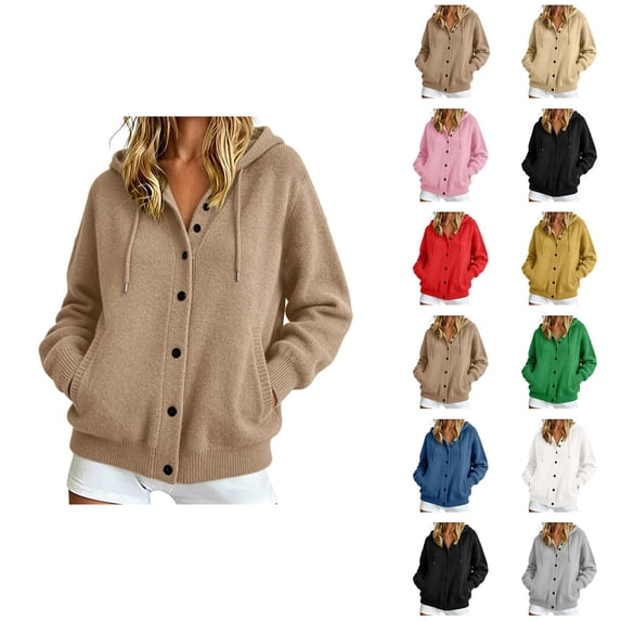 Plain Knitted Hoodies for Women Fall Winter Long Sleeve Loose Casual Button Down Hooded Cardigan Sweatshirt with Pockets