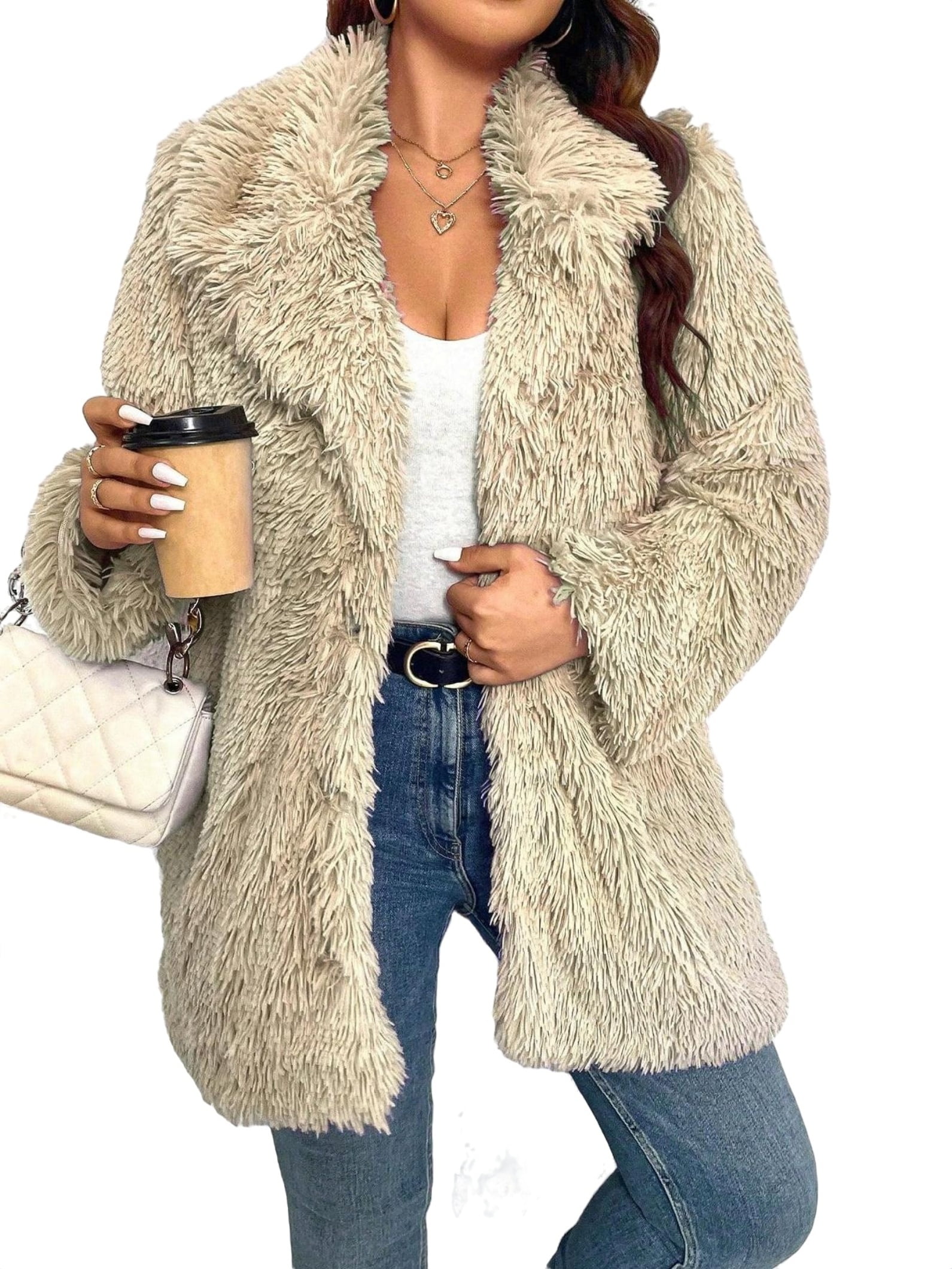 Plain Lapel Neck Long Sleeve Apricot Plus Size Faux Fur Coats (Women's