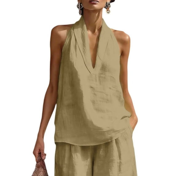 Plain Lightweight Halter Sleeveless Tank Tops For Women Relaxed Fit Breathable V Neck Linen Shirts Vacation Daily Wear Khaki S