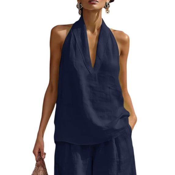 Plain Lightweight Halter Sleeveless Tank Tops For Women Relaxed Fit Breathable V Neck Linen Shirts Vacation Daily Wear Navy L