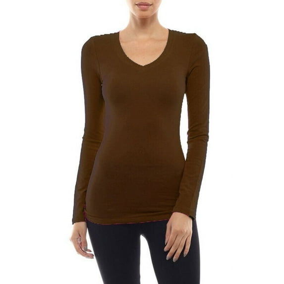 Plain Long Sleeve V-Neck T-shirts Cotton/Spandex Fitted Tee Junior Size (S-3X)