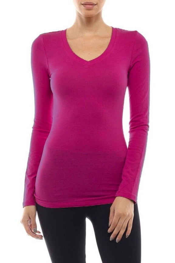 Plain Long Sleeve V-Neck T-shirts Cotton/Spandex Fitted Tee Junior Size (S-3X)