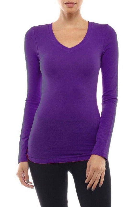 Plain Long Sleeve V-Neck T-shirts Cotton/Spandex Fitted Tee Junior Size (S-3X)