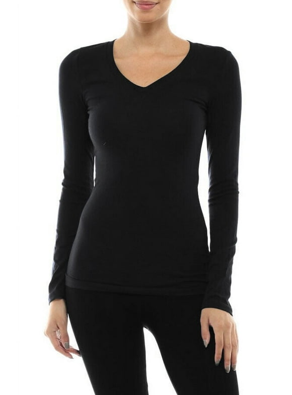 Plain Long Sleeve V-Neck T-shirts Cotton/Spandex Fitted Tee Junior Size (S-3X)