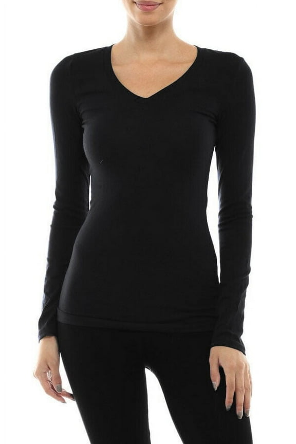 Plain Long Sleeve V-Neck T-shirts Cotton/Spandex Fitted Tee Junior Size (S-3X)