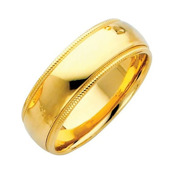 Plain Milgrain Dome Wedding Ring 14k Yellow Gold Band Comfort Fit Heavy Polished Finish, 7 mm Size 12