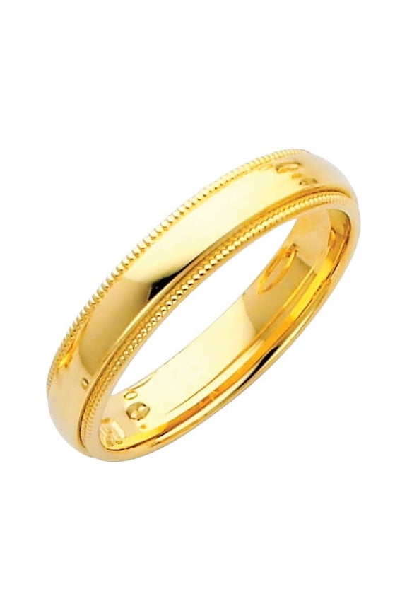 Plain Milgrain Wedding Band Ring Solid 14k Yellow Gold Comfort Fit Polished Finish, 4 mm, Size 7.5