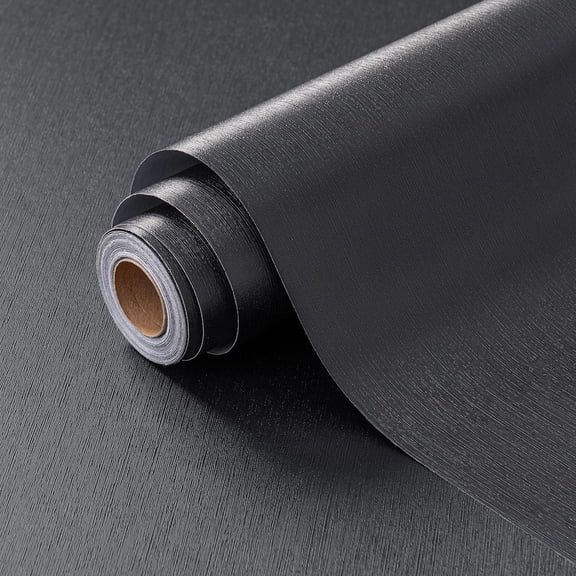 Plain Peel and Stick Wallpaper with Embossed Vertical Stripe Pattern Linen Textured Removable Contact Paper Waterproof Self-Adhesive Wall Paper (Off Black, 23.6"x393", Solid)