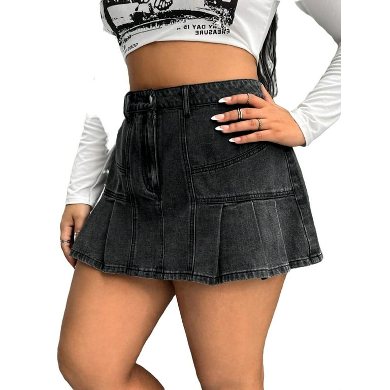 Plus size high waisted black denim skirt hot sale