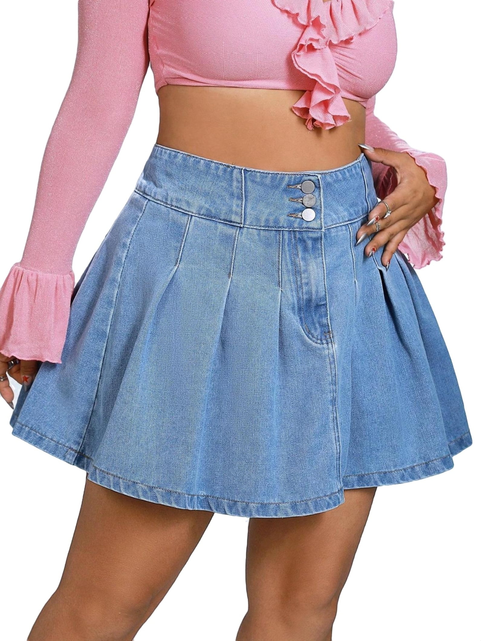 Plain Pleated Skirt Light Wash Plus Size Denim Skirts