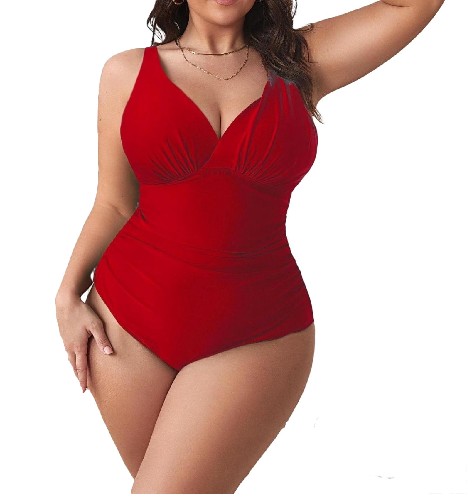 Plain Plunge Neck Red Plus Size Swimsuit Women s Plus