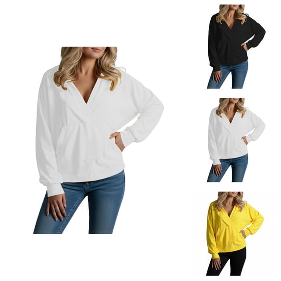 Plain Pullover Hoodies for Women 2025 Fall Winter Long Sleeve V-Neck Casual Hooded Sweatshirt with Pockets