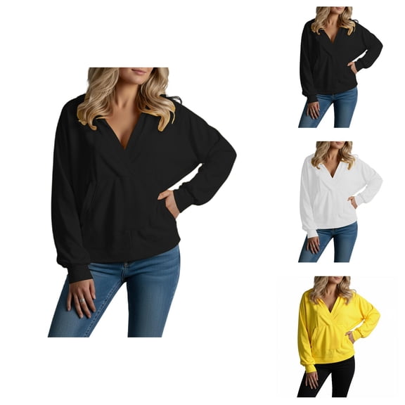 Plain Pullover Hoodies for Women 2025 Fall Winter Long Sleeve V-Neck Casual Hooded Sweatshirt with Pockets
