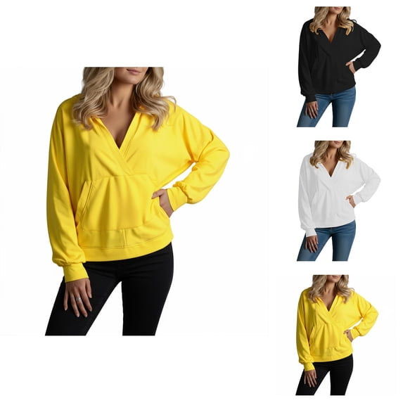 Plain Pullover Hoodies for Women 2025 Fall Winter Long Sleeve V-Neck Casual Hooded Sweatshirt with Pockets