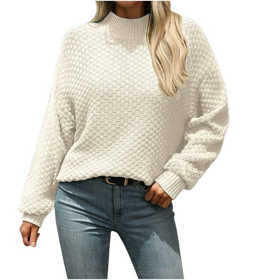 Plain Pullover Sweater for Women Fall Trendy Cozy Knit Casual Jumpers Long Sleeve Loose Fit Ribbed Mock Neck Top (S, Beige)