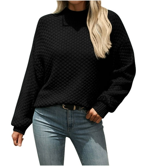 Plain Pullover Sweater for Women Fall Trendy Cozy Knit Casual Jumpers Long Sleeve Loose Fit Ribbed Mock Neck Top (S, Black)