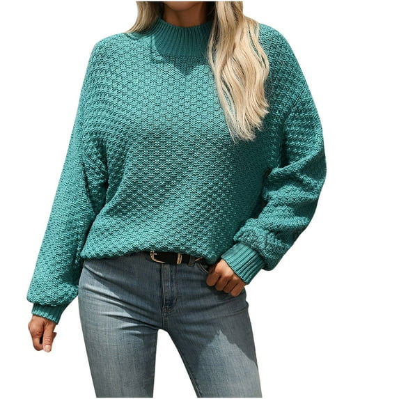 Plain Pullover Sweater for Women Fall Trendy Cozy Knit Casual Jumpers Long Sleeve Loose Fit Ribbed Mock Neck Top (XL, Green)