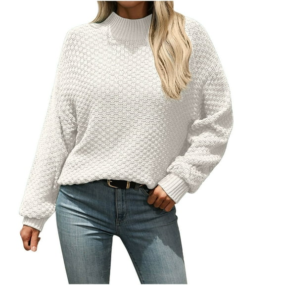 Plain Pullover Sweater for Women Fall Trendy Cozy Knit Casual Jumpers Long Sleeve Loose Fit Ribbed Mock Neck Top (XL, White)