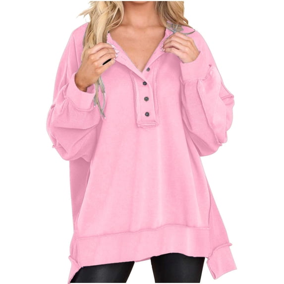 Plain Pullover Sweatshirts, Women's Oversized Sweatshirt Casual Long Sleeve Button Henley Neck Vintage Tunic Tops (Large, Pink)