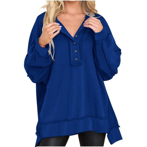 Plain Pullover Sweatshirts, Women's Oversized Sweatshirt Casual Long Sleeve Button Henley Neck Vintage Tunic Tops (Small, Blue 02)