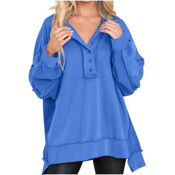 Plain Pullover Sweatshirts, Women's Oversized Sweatshirt Casual Long Sleeve Button Henley Neck Vintage Tunic Tops (XX-Large, Blue)