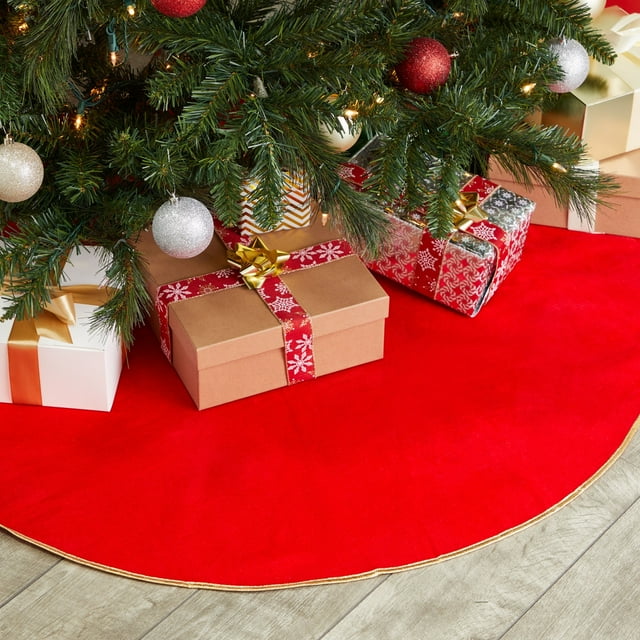 Plain Red Christmas Tree Skirt with Gold Trim for Holiday Decor (42