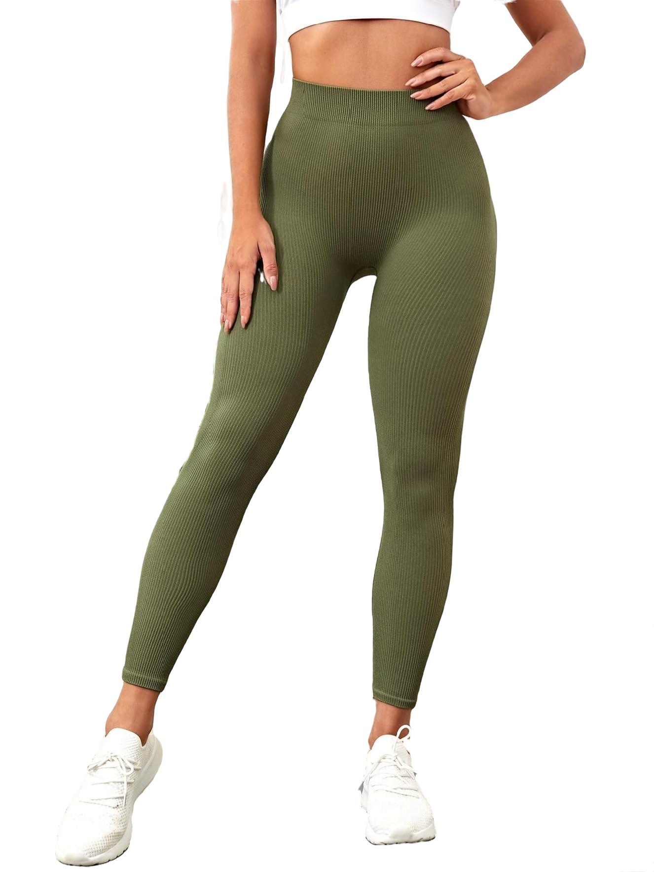 Plain Regular Dark Green Cropped Women's Sports Leggings (Women's)