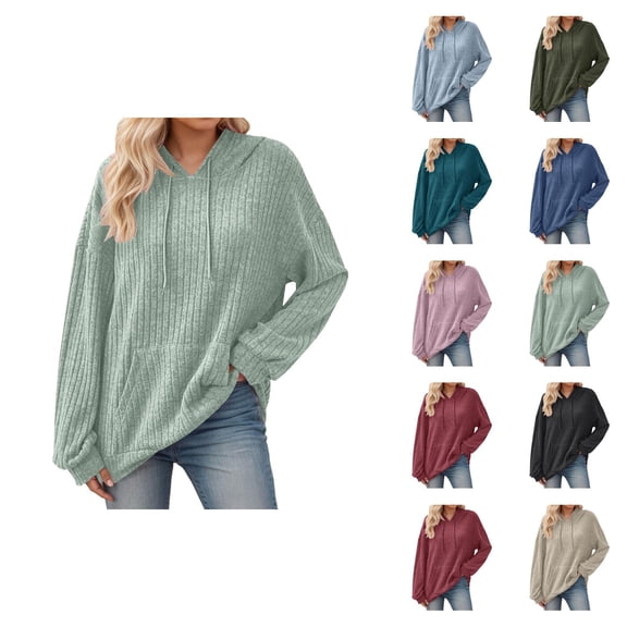 Plain Ribbed Hoodies for Women Fall Winter Long Sleeve Basic Hooded Sweatshirt with Pockets Pullover Tops