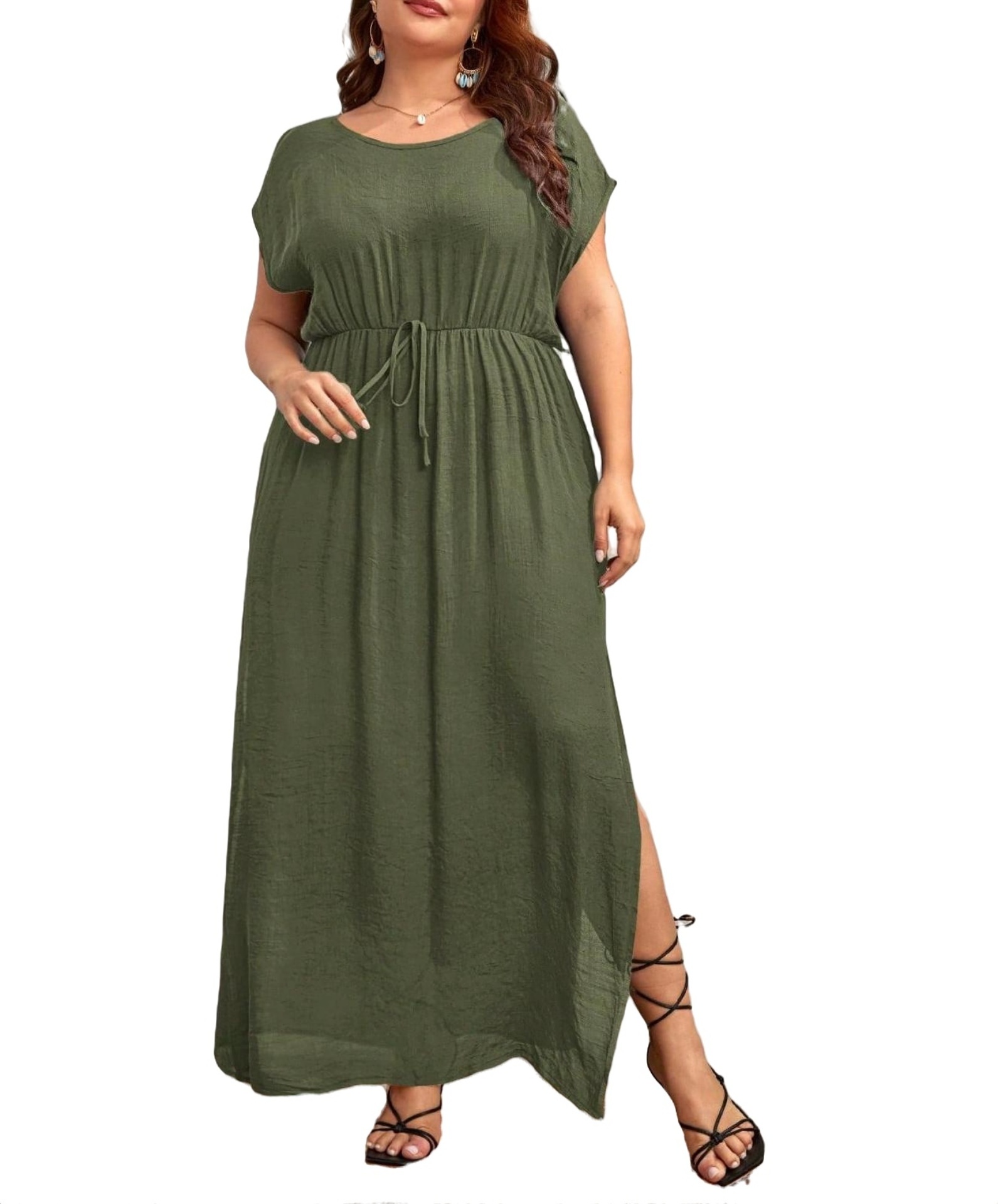 Plain Round Neck Army Green Plus Size Cover Ups
