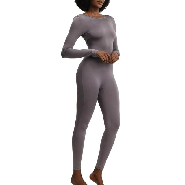 Plain Round Neck Long Sleeve Grey Women Unitards (Women's)