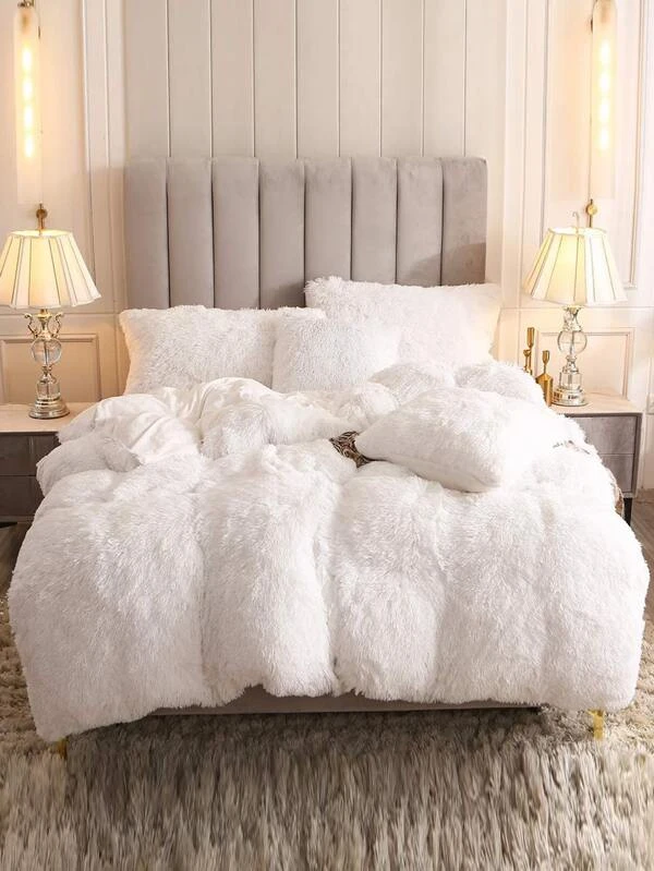 Plain Shaggy Duvet Cover Set Without Filler Plush Bedding Set Super