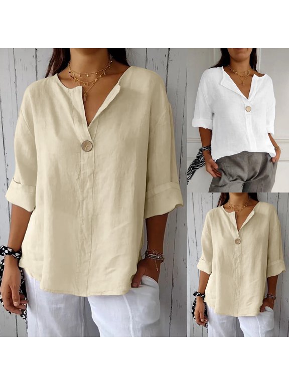 Plain Shirts for Women Women Loose V Neck Button Three Quarter Sleeve Shirt Top Beige L