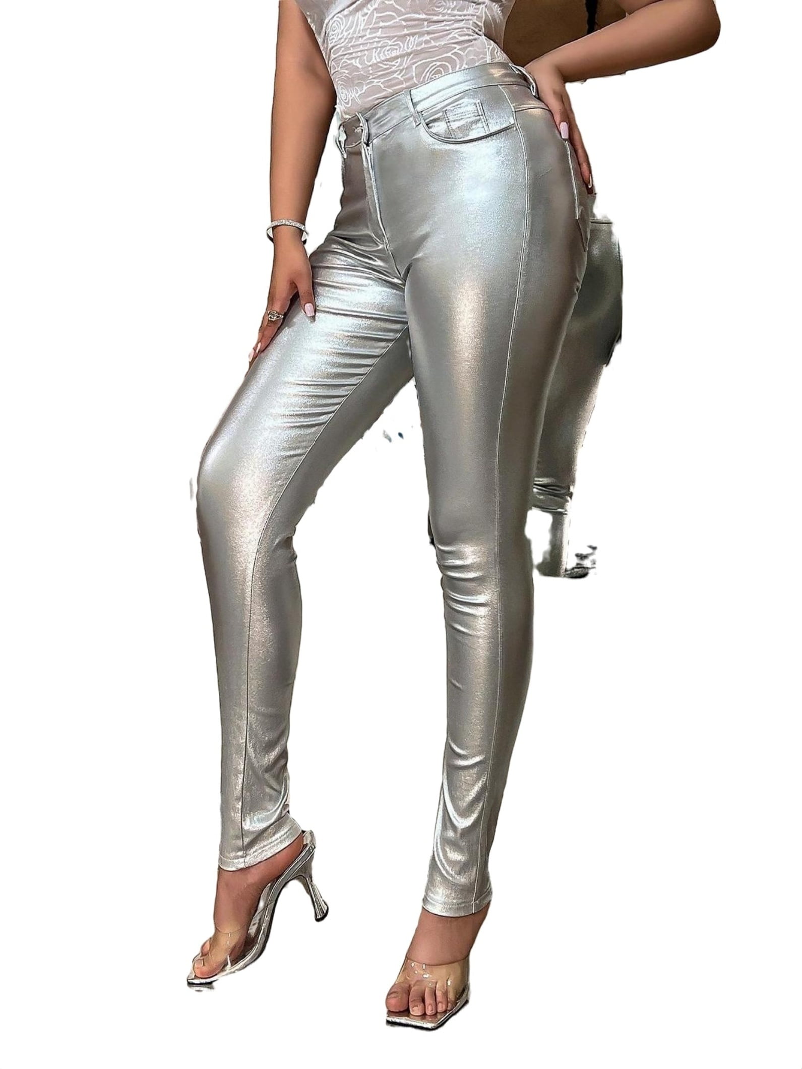 Plain Skinny Pants Silver Women PU Leather Pants (Women's) - Walmart.com