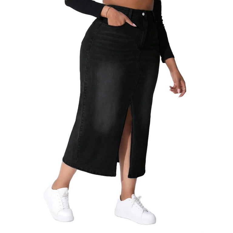 Plain Slit Black Plus Size Denim Skirts