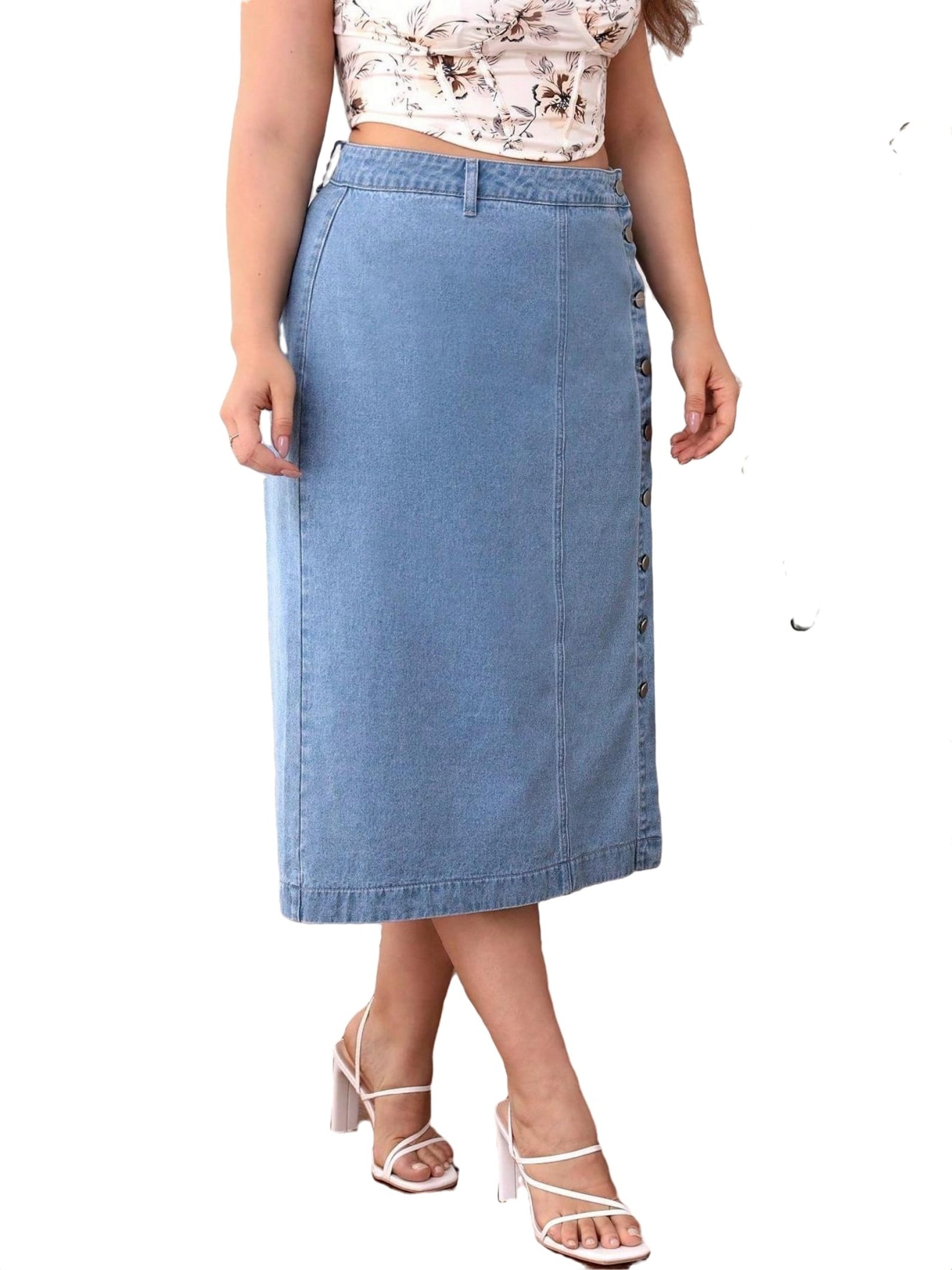 Plain Slit Light Wash Plus Size Denim Skirts - Walmart.com